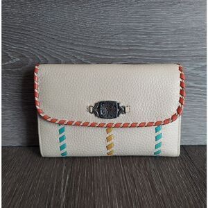 Brighton Trifold Wallet Cream with Blue Orange Yellow Ribbons Stitching